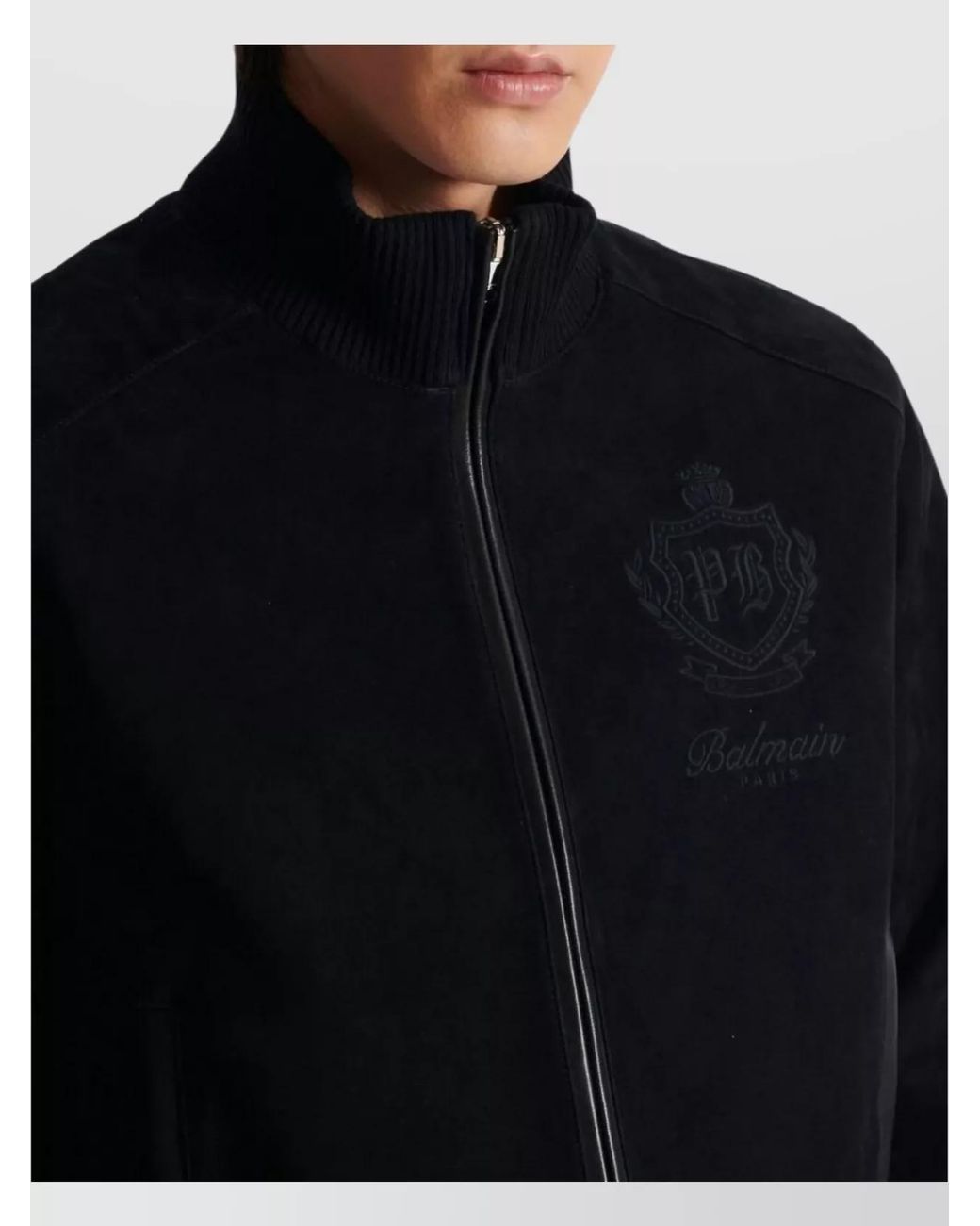 Balmain Black Suede Leather Embroidered Bomber Jacket for men