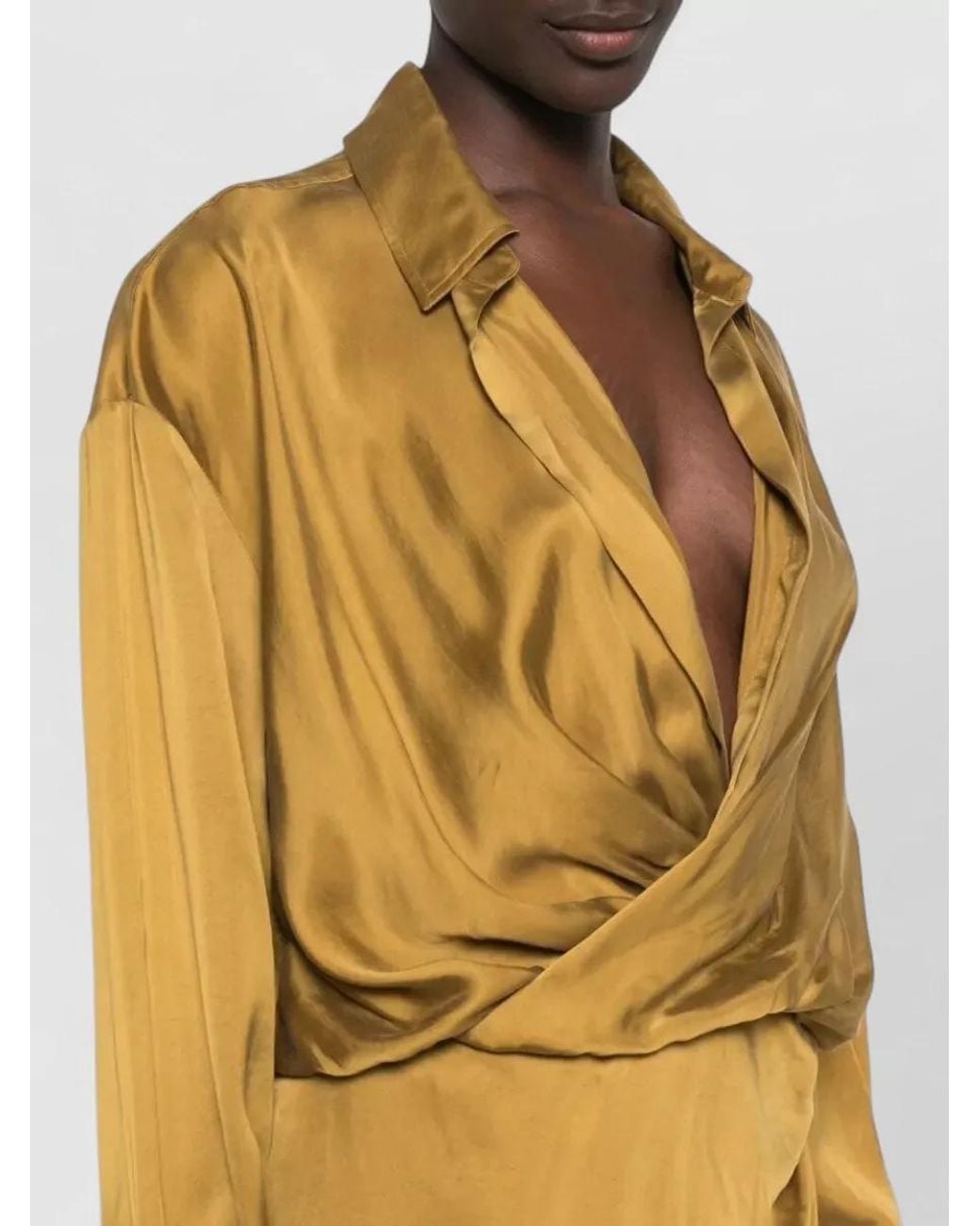 ANDAMANE Metallic Draped Wrap V-Neck Midi Dress