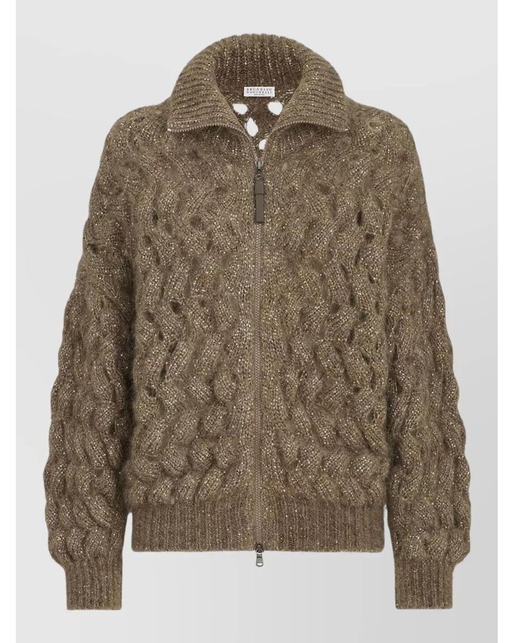 Brunello Cucinelli Brown Ribbed Sequined Mohair Blend Cardigan