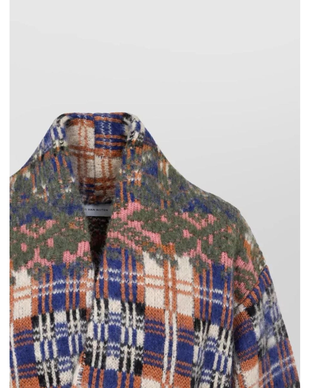 Dries Van Noten White Wool Alpaca Jacquard Checked Belted Long Knit Coat