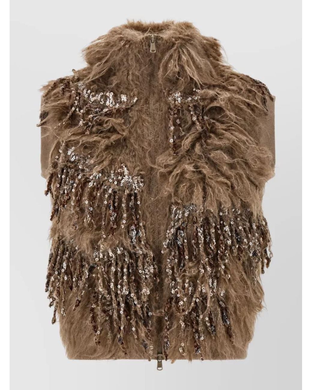 Brunello Cucinelli Brown Mohair Sequin Sleeveless Zip Cardigan