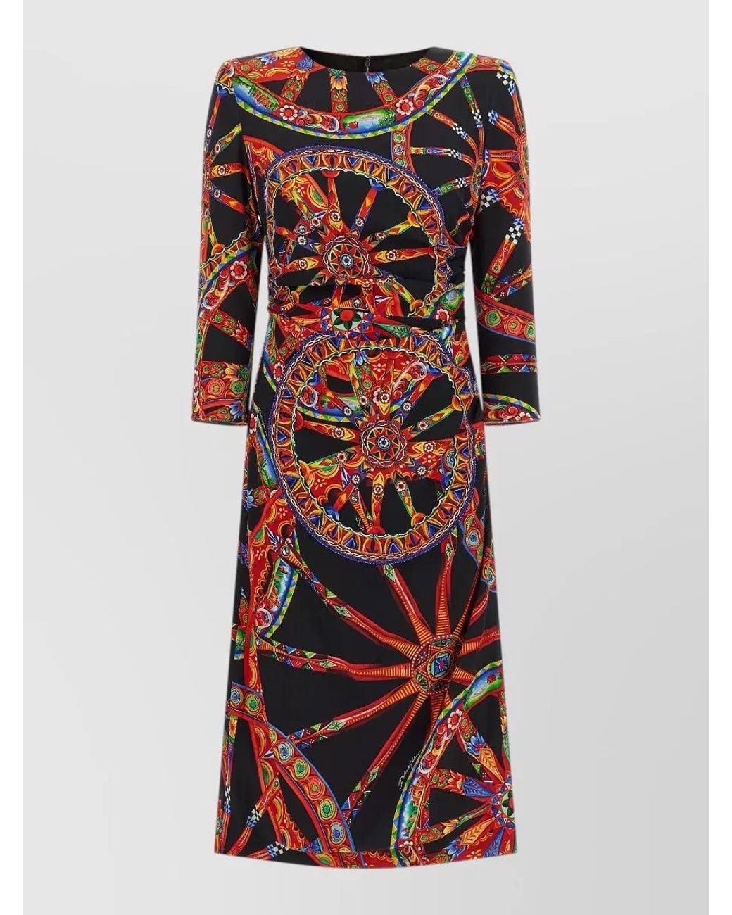 Dolce & Gabbana Red Silk Printed Draped Midi Dress