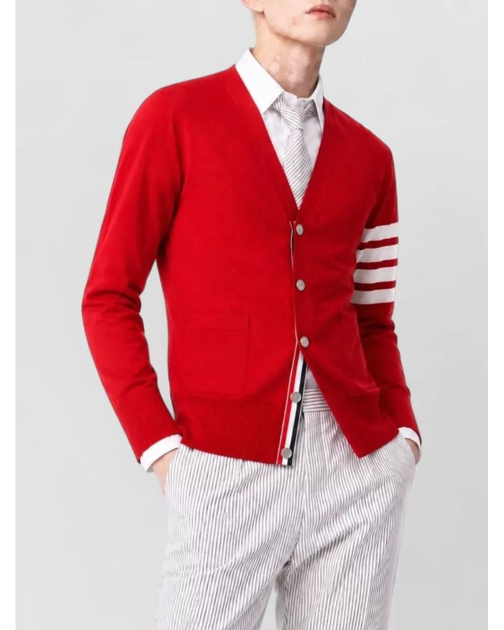 Thom Browne Red Fine-Knit Virgin Wool V-Neck Cardigan for men