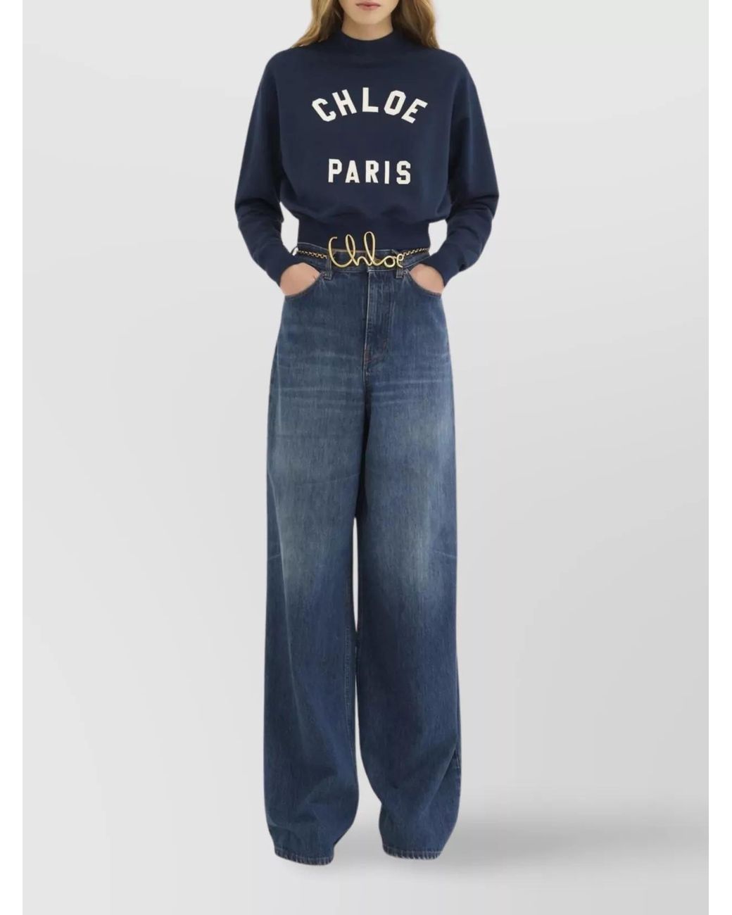 Chloé Blue Cotton Mock-Neck Cropped Sweatshirt