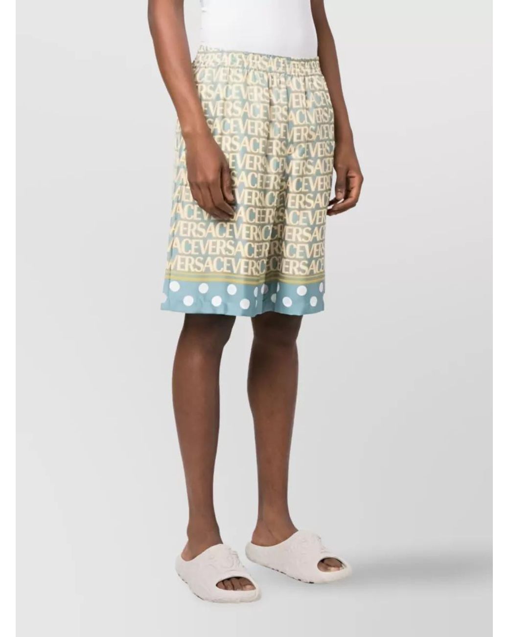 Versace White Silk Logo Print Deck Shorts for men