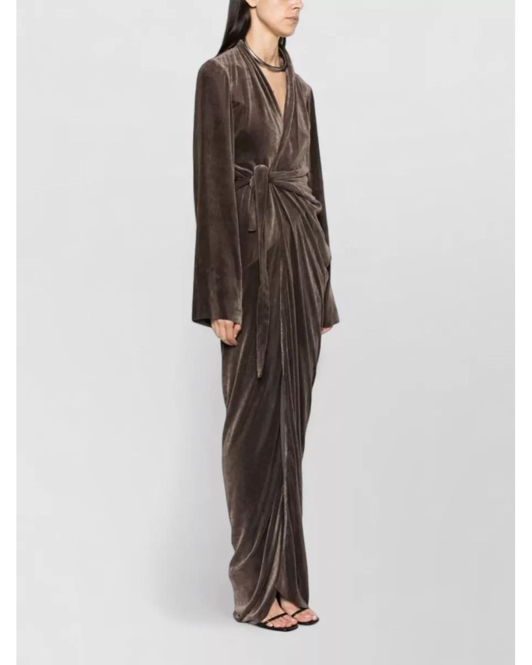 Rick Owens Brown Silk Velvet Draped Wrap V-Neck Long-Sleeve Maxi Dress