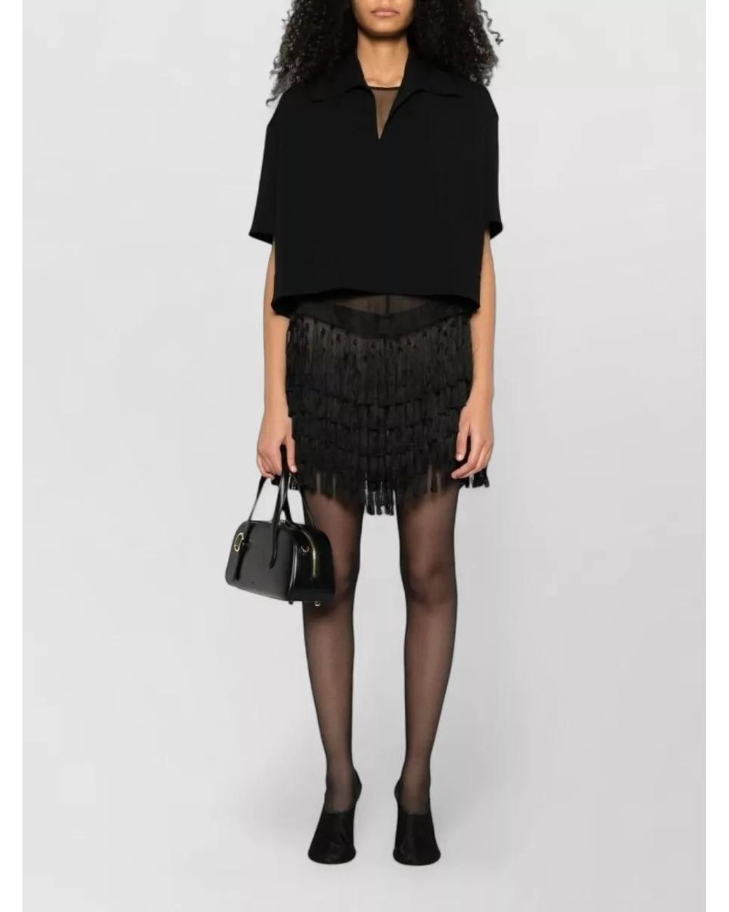 Jil Sander Black Cropped V-Neck Short-Sleeve Shirt