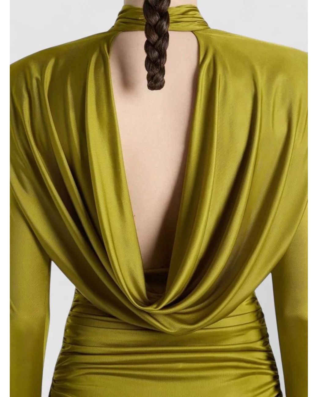 Balmain Green Draped High Neck Long Sleeve Mini Dress