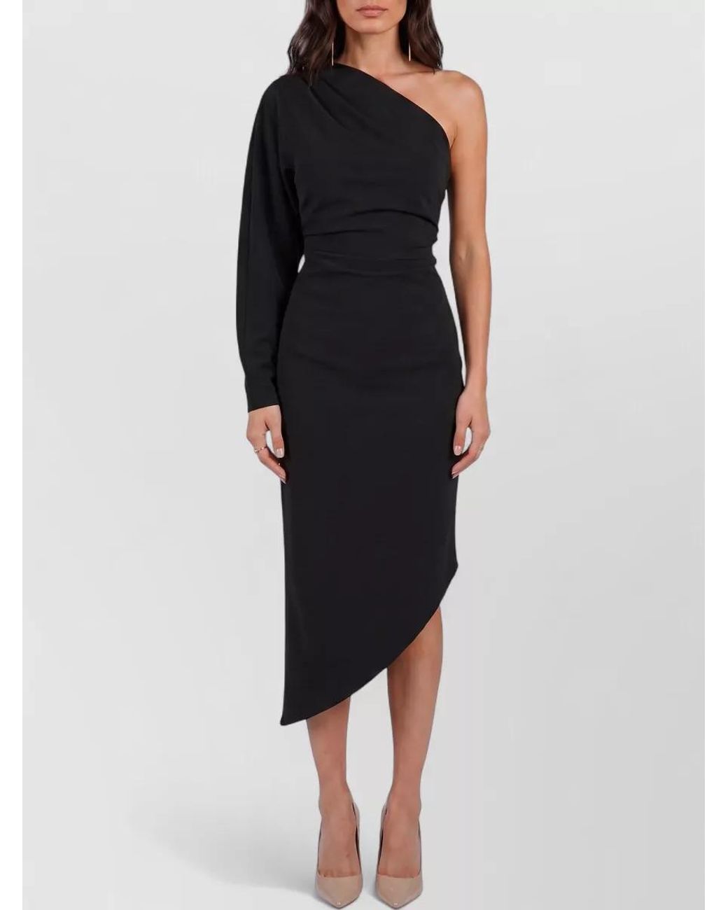 FEDERICA TOSI Black One-Shoulder Long-Sleeve Asymmetric Draped Midi Dress