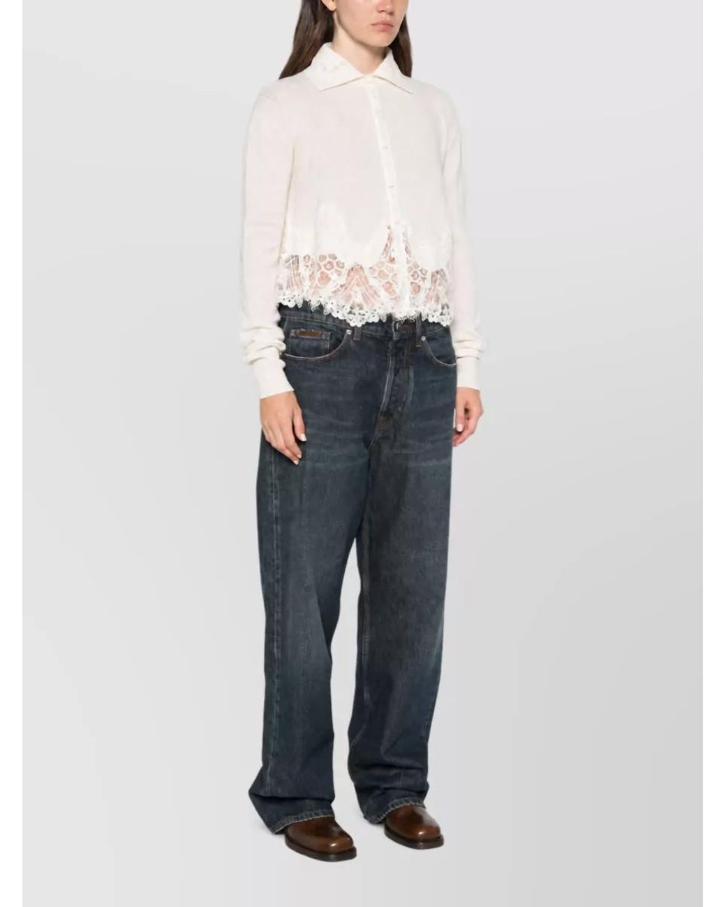 Ermanno Scervino White Cashmere Lace-Trim Long-Sleeve Knitted Shirt