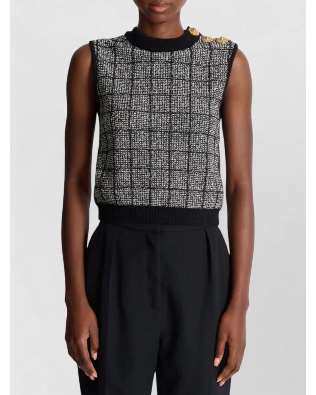 Balmain Gray Tweed Cropped Sleeveless Top