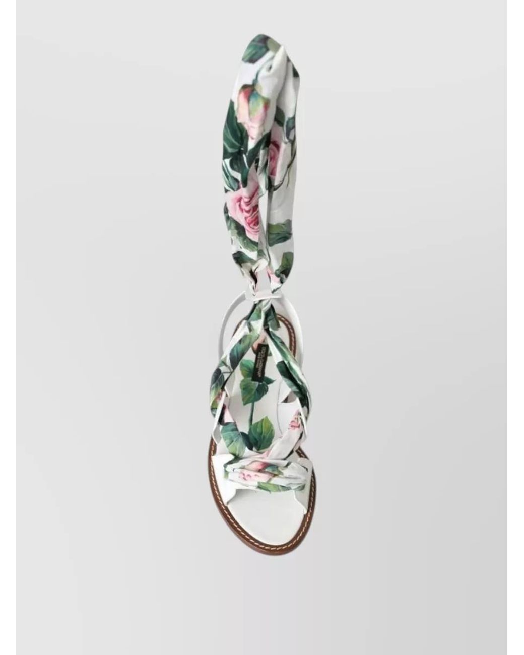 Dolce & Gabbana White Leather Floral-Print Ankle-Wrap Sandals