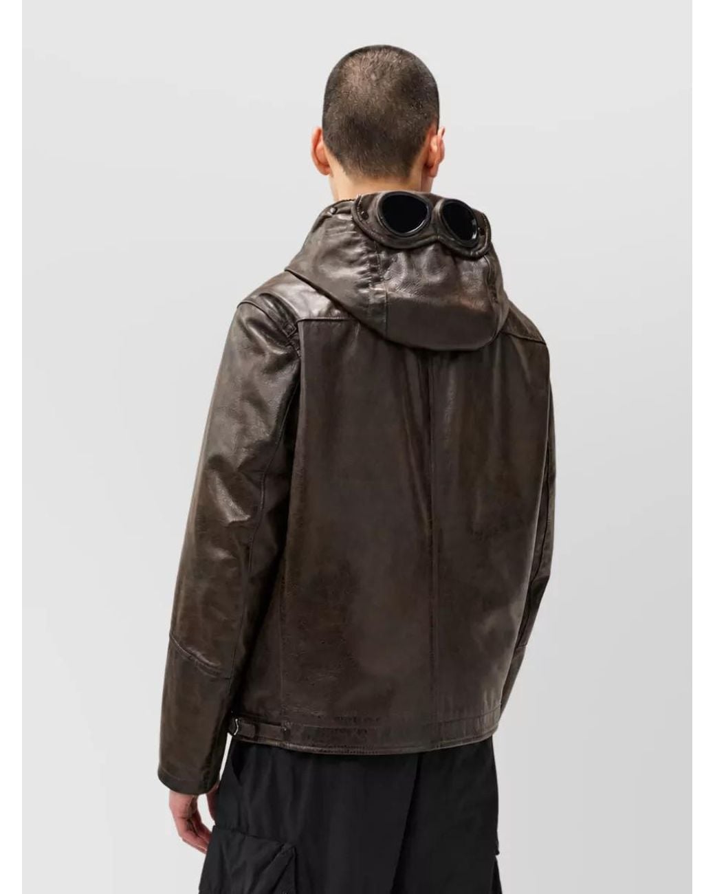 C P Company Black Leather Hooded Jacket for men