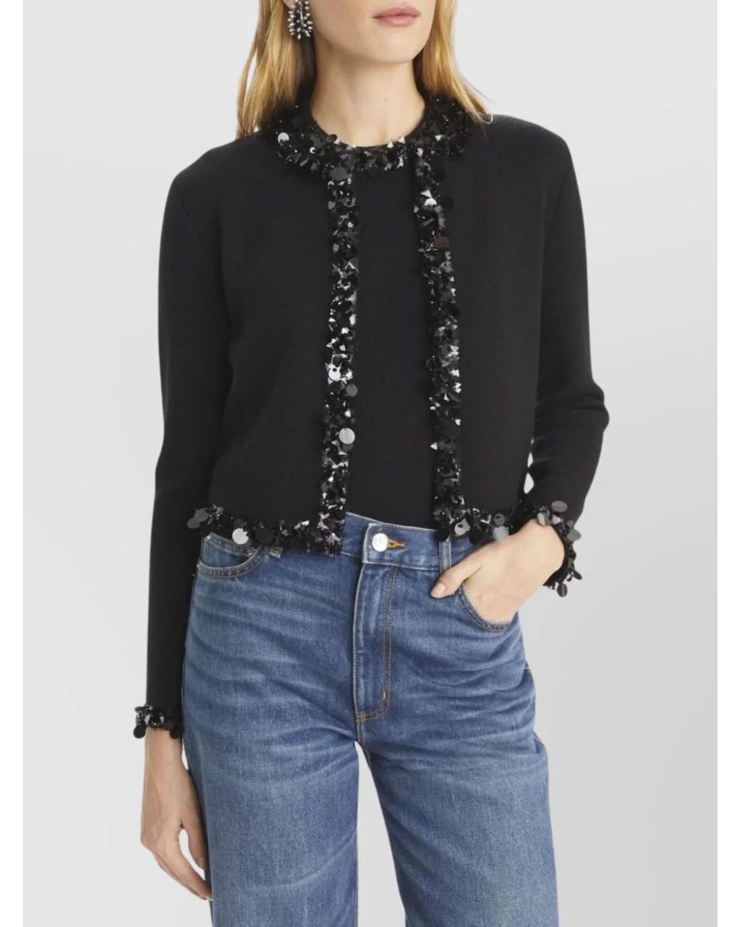Tory Burch Black Sequin Trim Wool-Cashmere Cardigan