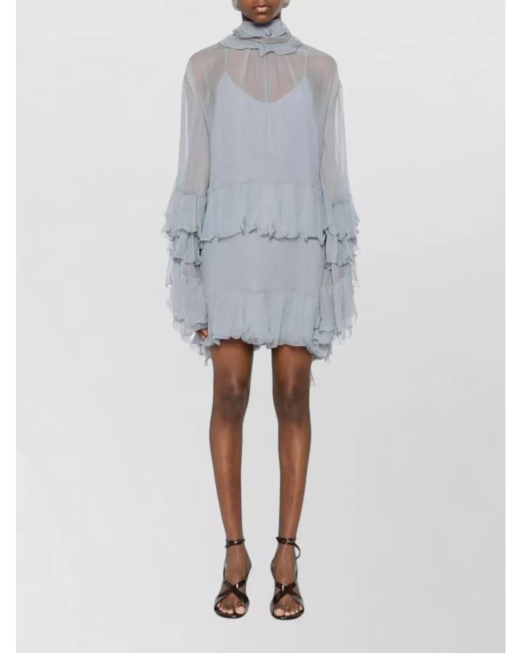 Chloé Blue Silk Ruffled High-Neck Long-Sleeve Mini Dress