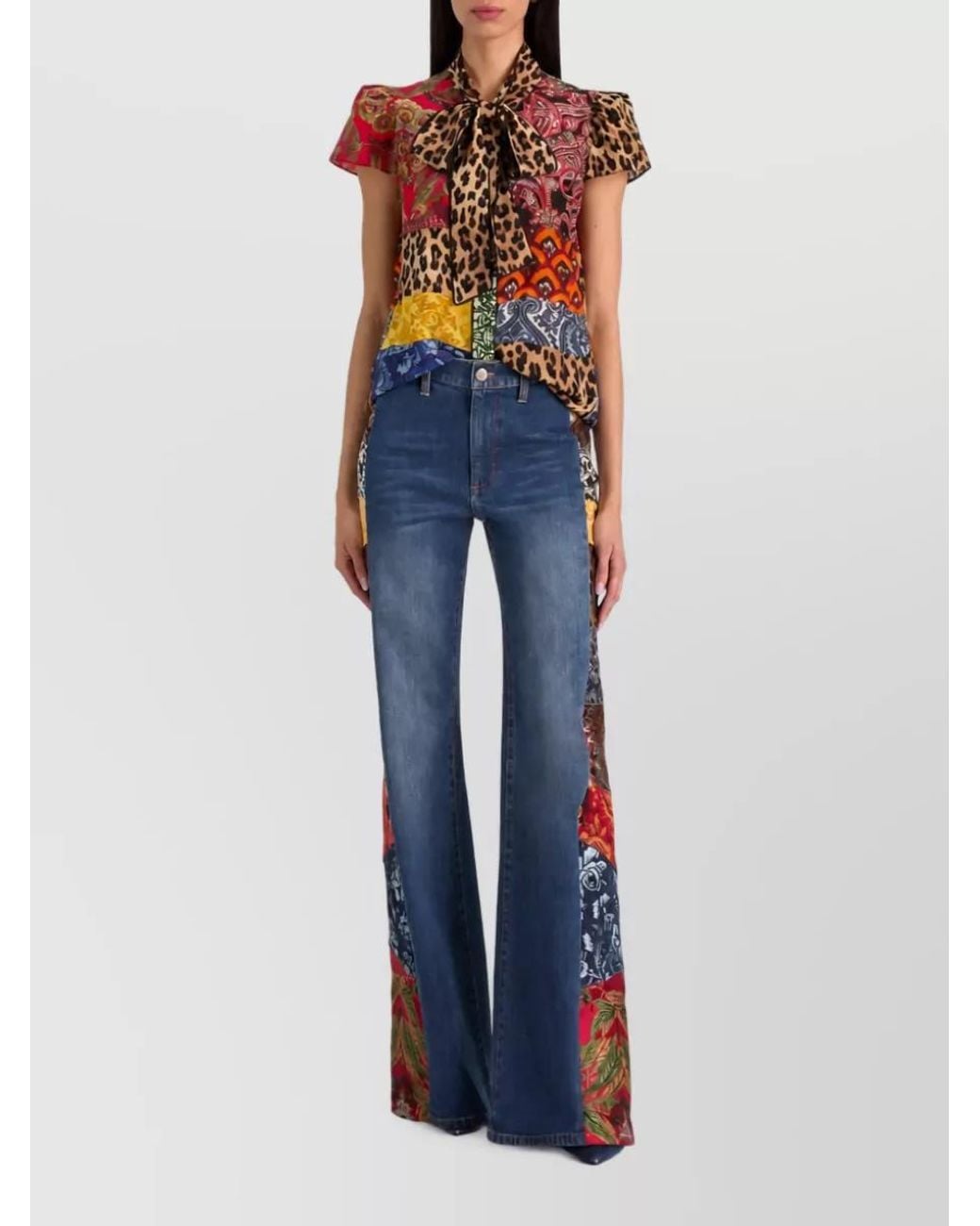 Alice + Olivia Multicolor Silk Printed Pussy-Bow Short-Sleeve Shirt