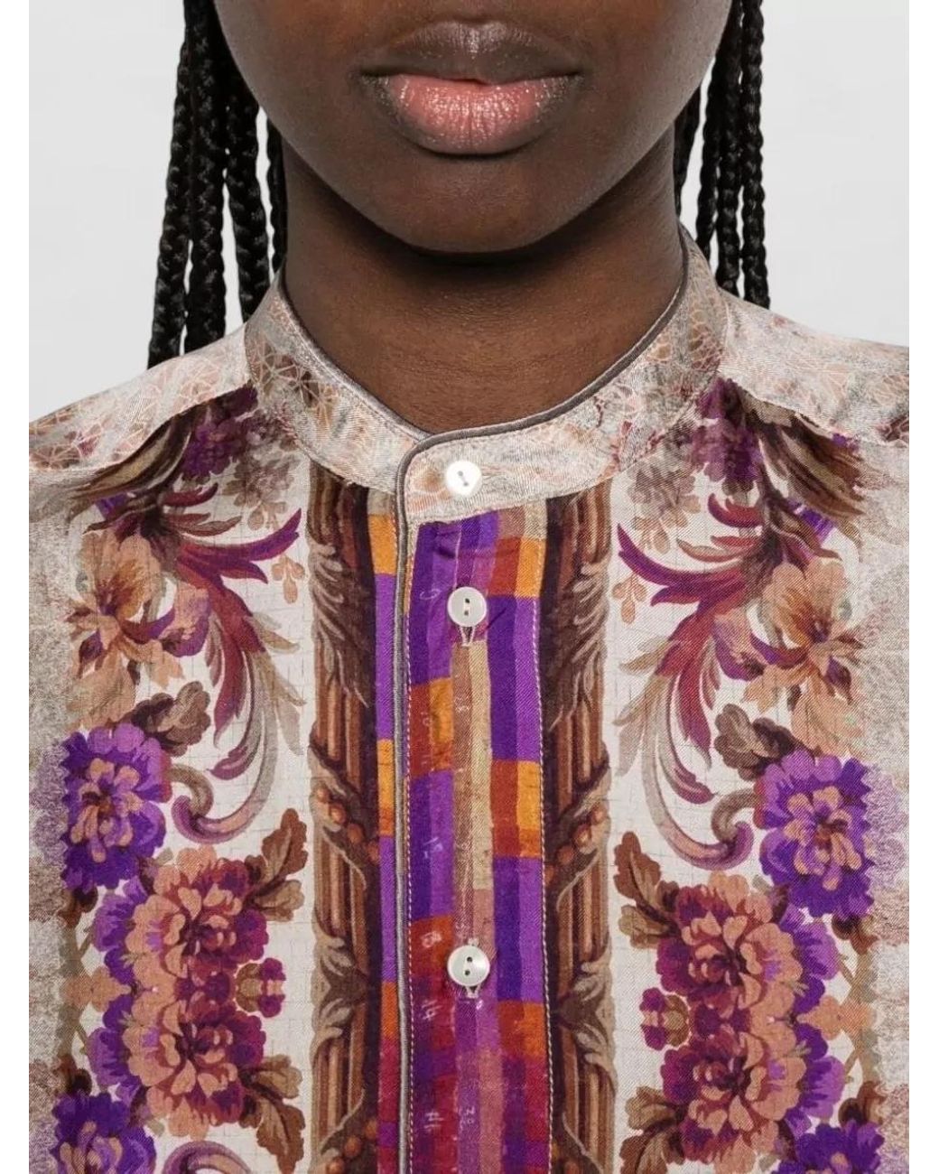 Pierre Louis Mascia Pink Floral Print Silk Long Sleeve Mandarin Collar Blouse