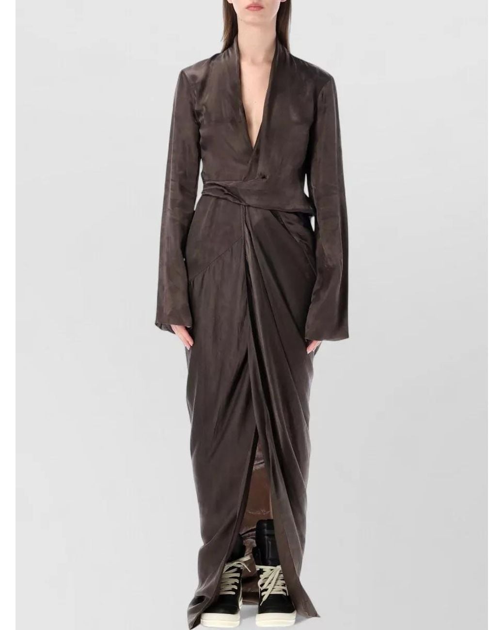 Rick Owens Gray Cupro Draped Wrap Maxi Dress