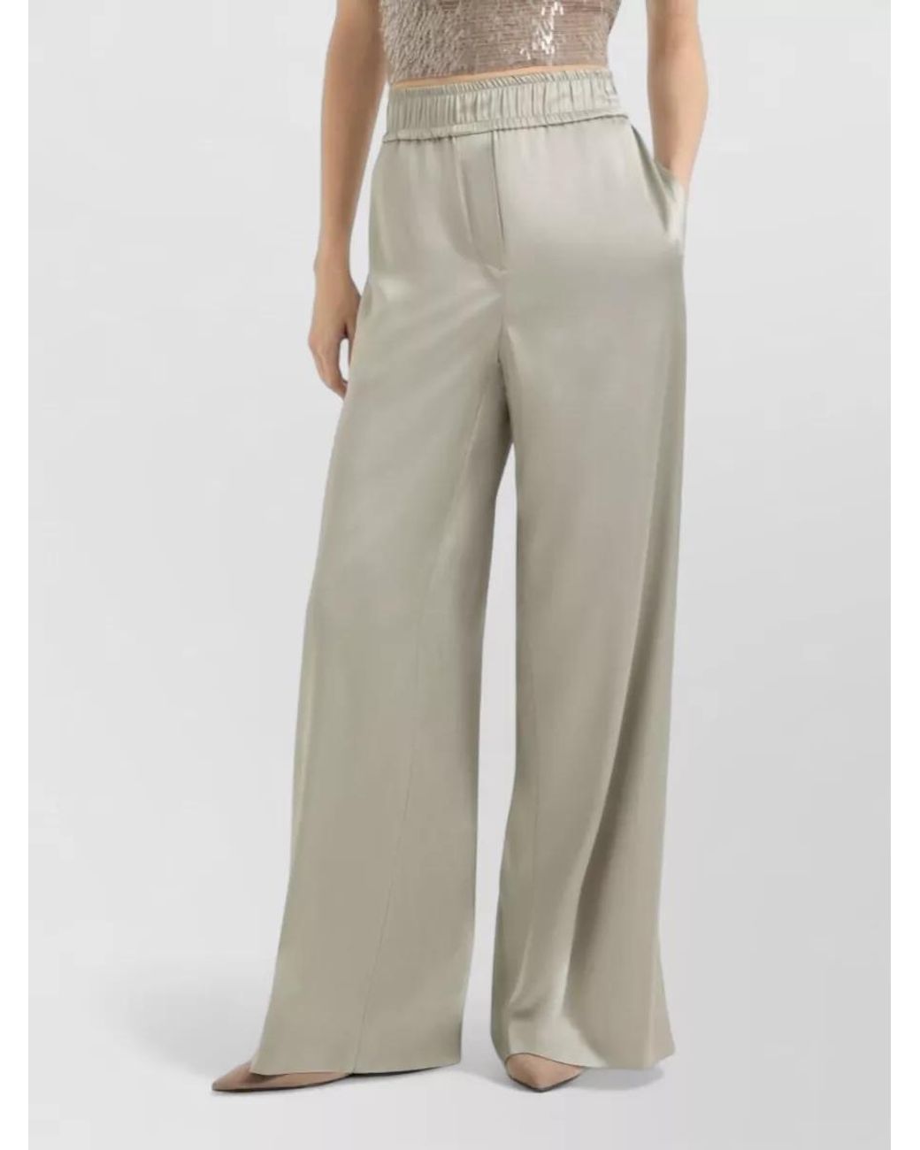 Brunello Cucinelli White Silk Satin Wide-Leg Trousers