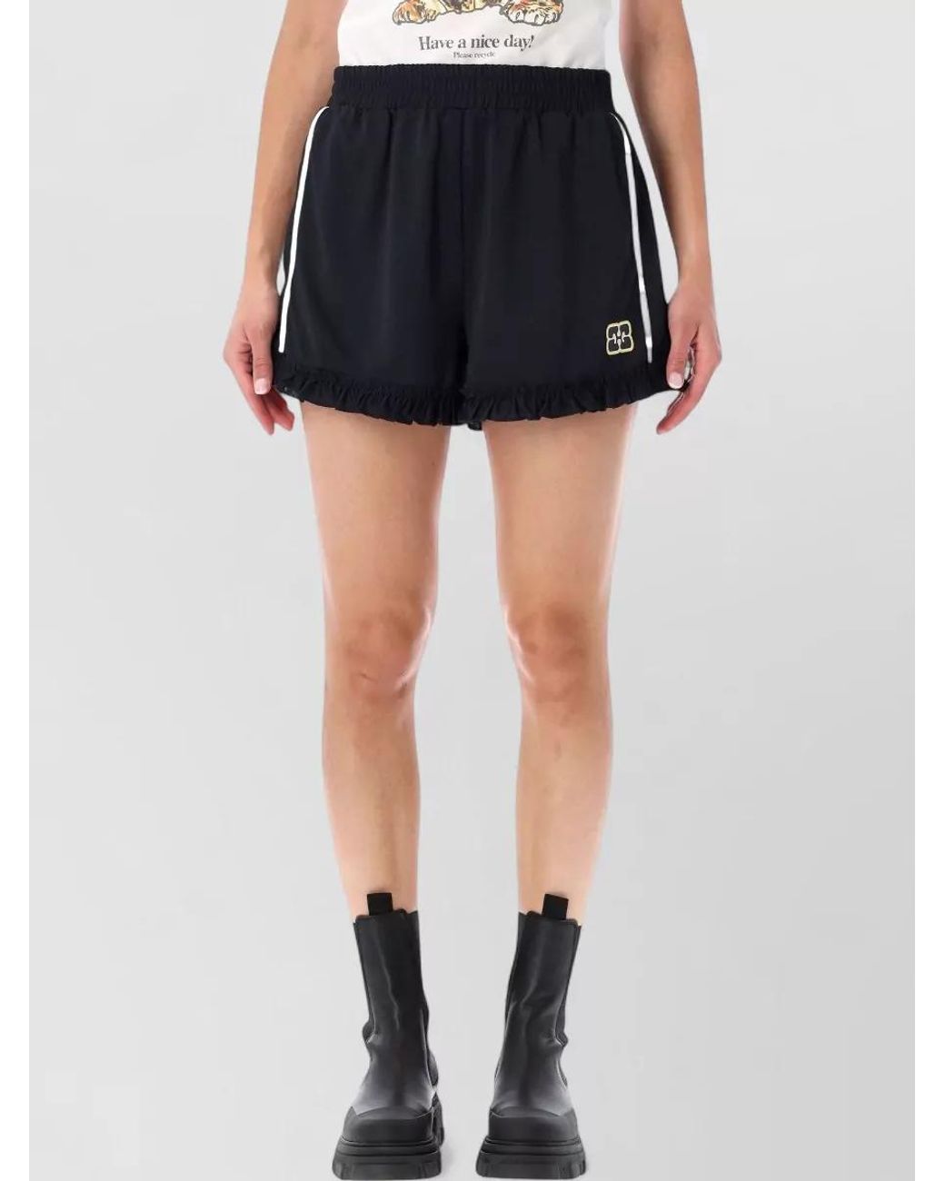 Ganni Black Contrast Piping Ruffle Trim Lounge Shorts