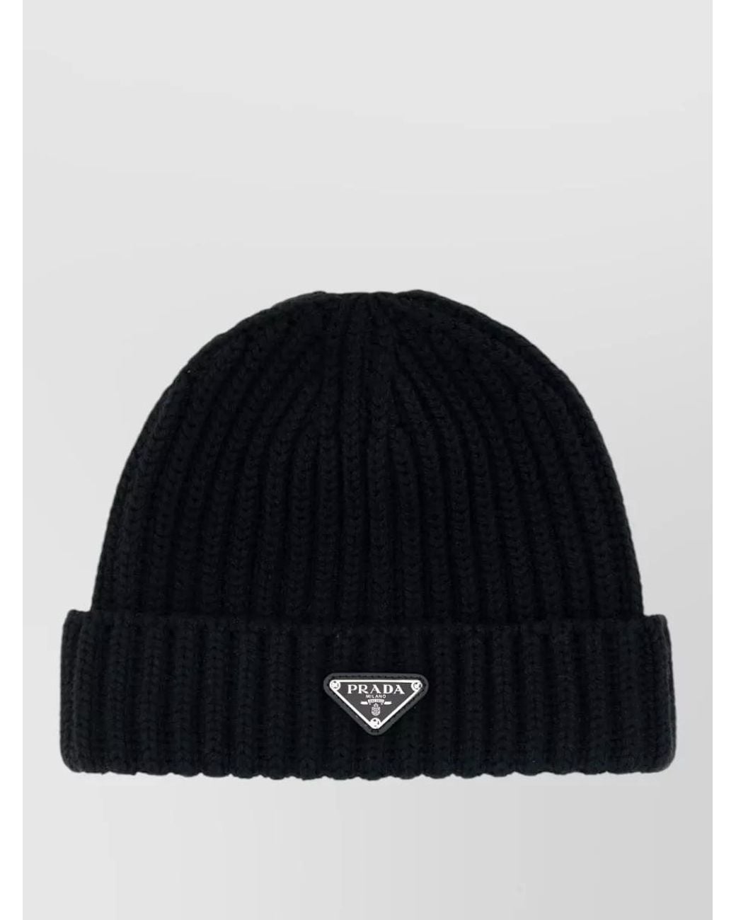 Prada Black Wool Beanie Hat Folded Brim Ribbed Design for men