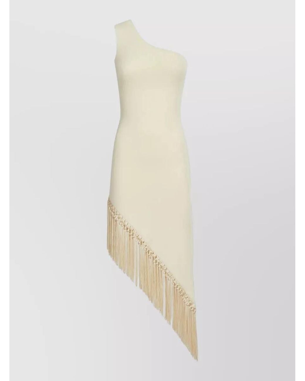 Taller Marmo White Fringe Asymmetric One-Shoulder Midi Dress