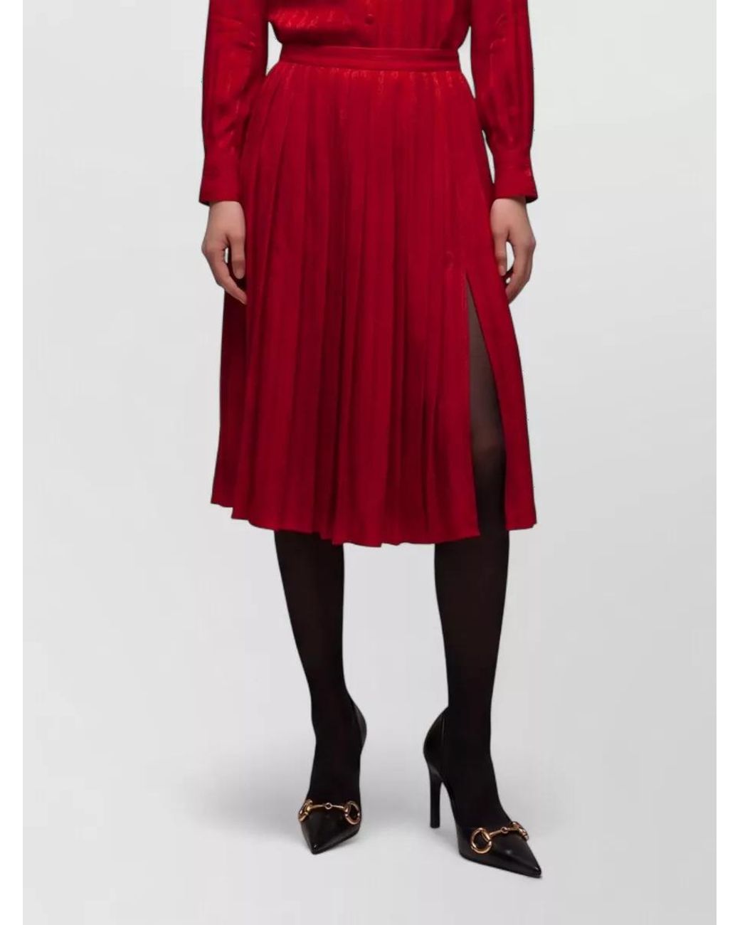 Gucci Red Silk Pleated Midi Skirt