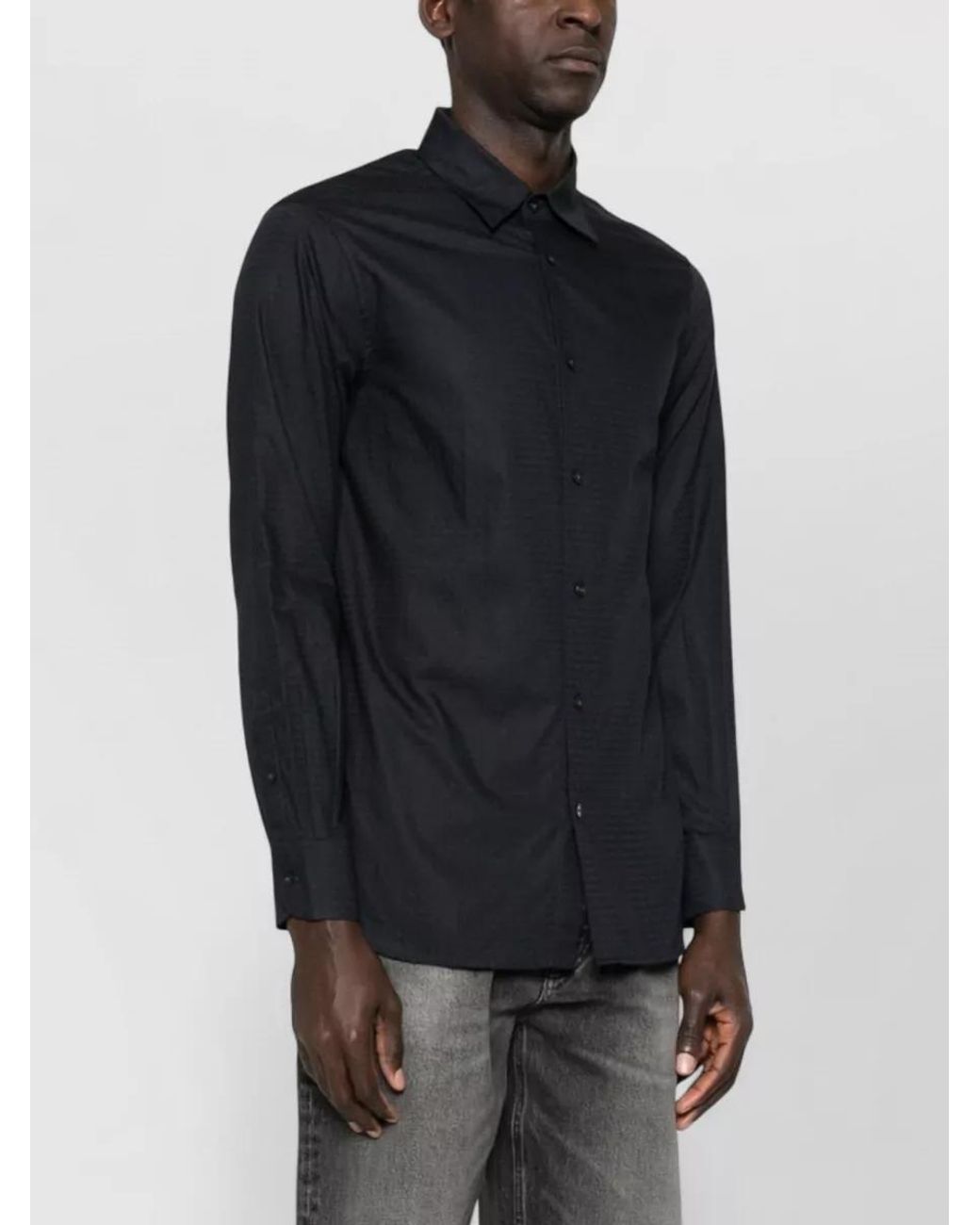 Emporio Armani Black Textured Cotton Long-Sleeve Shirt for men