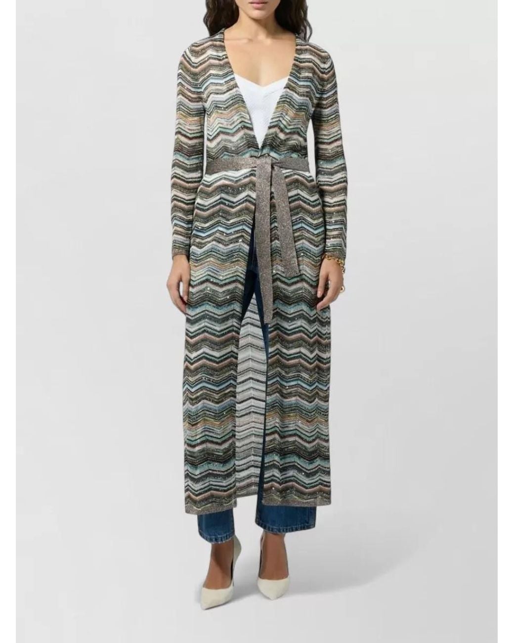 Missoni Gray Zigzag Belted Longline Cardigan