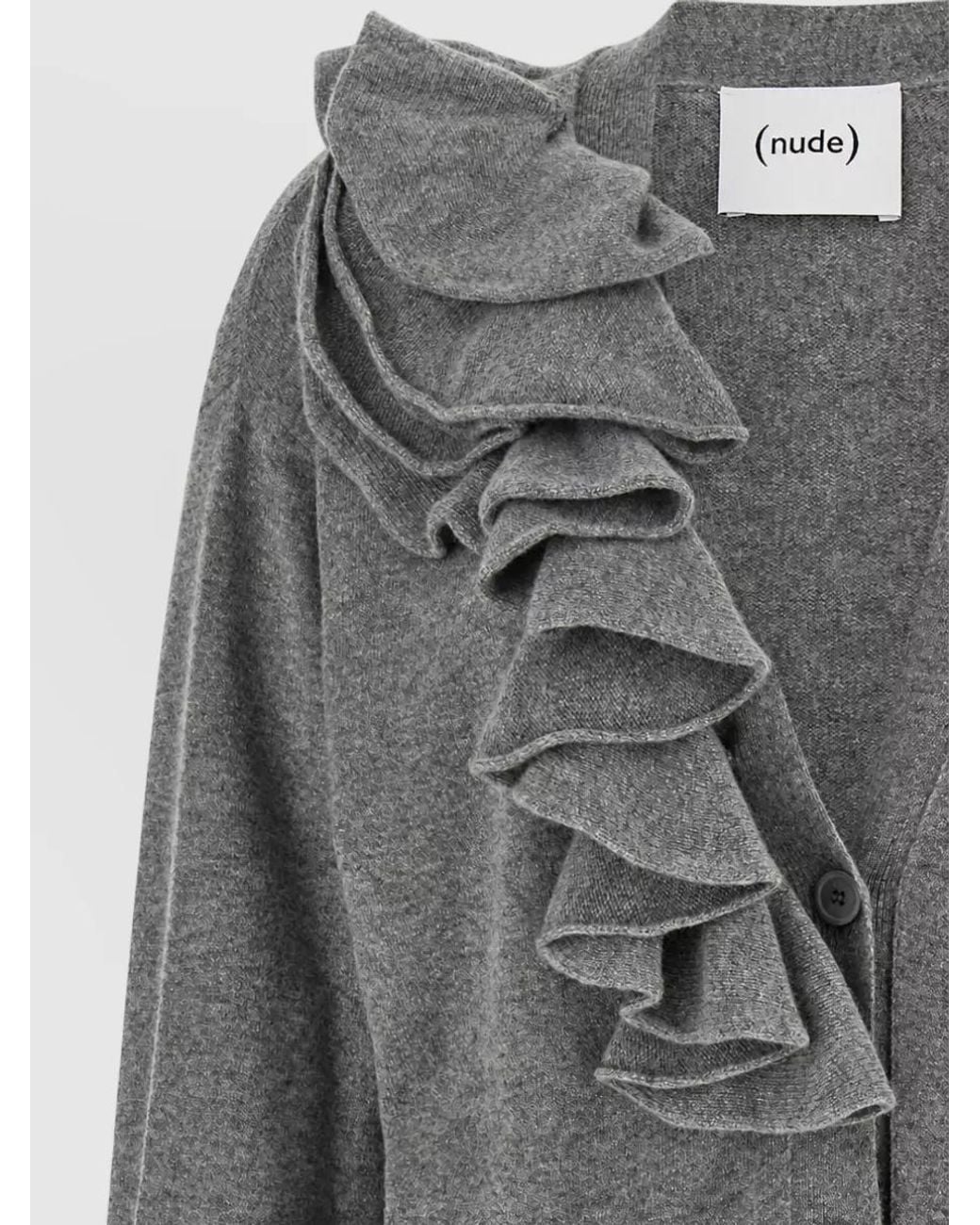 Nude Gray Cashmere-Blend Oversized Ribbed V-Neck Ruffle Cardigan