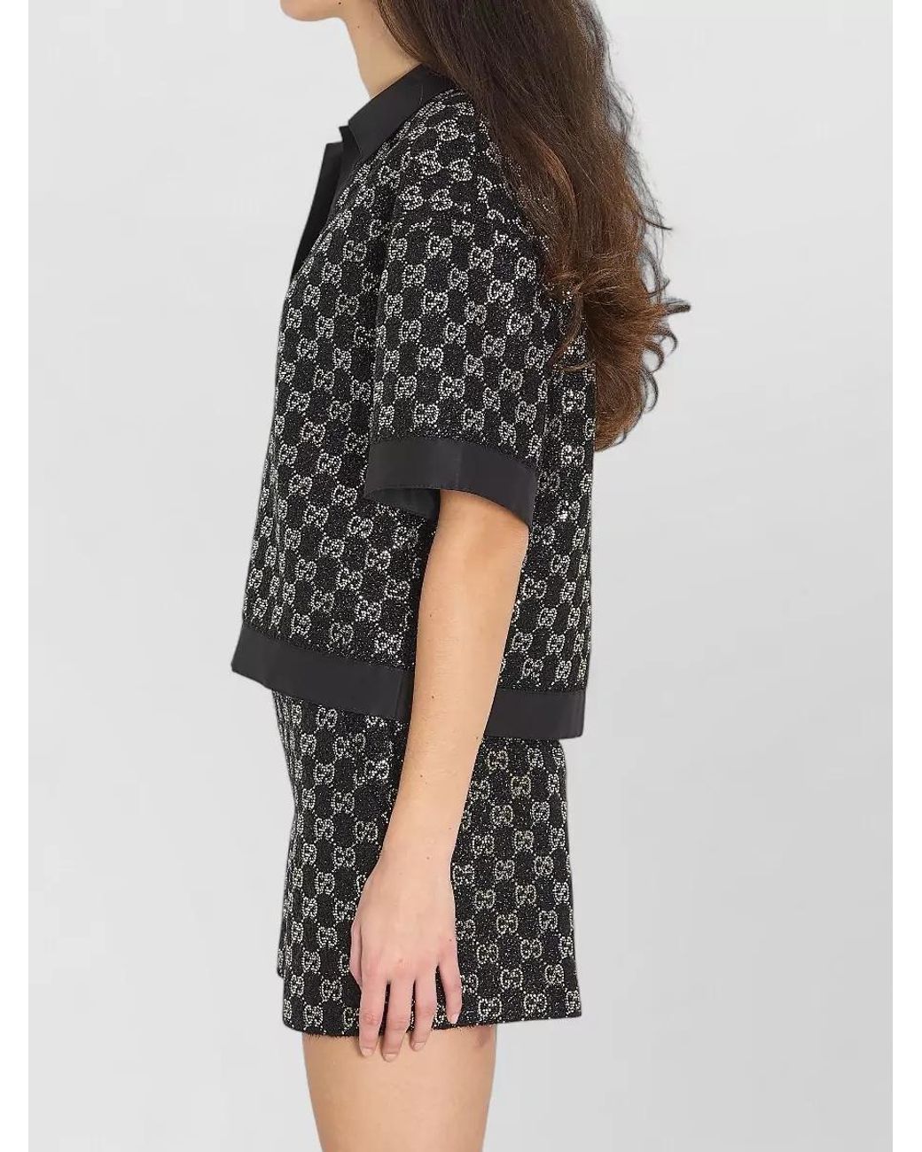 Gucci Black Lamé Tweed V-Neck Short-Sleeve Shirt
