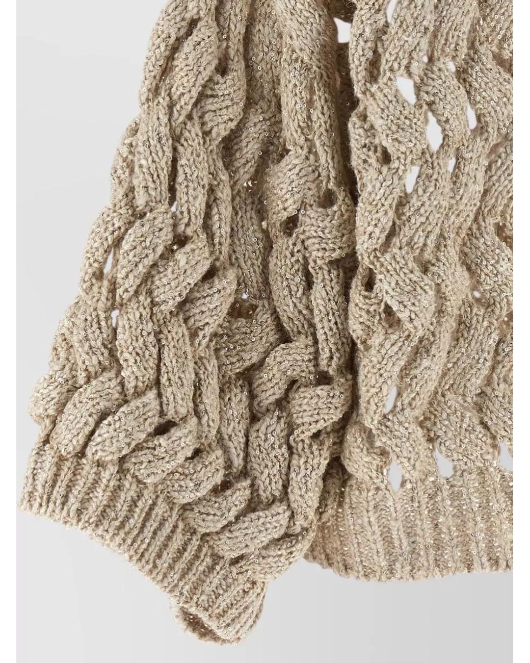 Brunello Cucinelli Natural Silk Linen Openwork Sequin Cropped V-Neck Cardigan