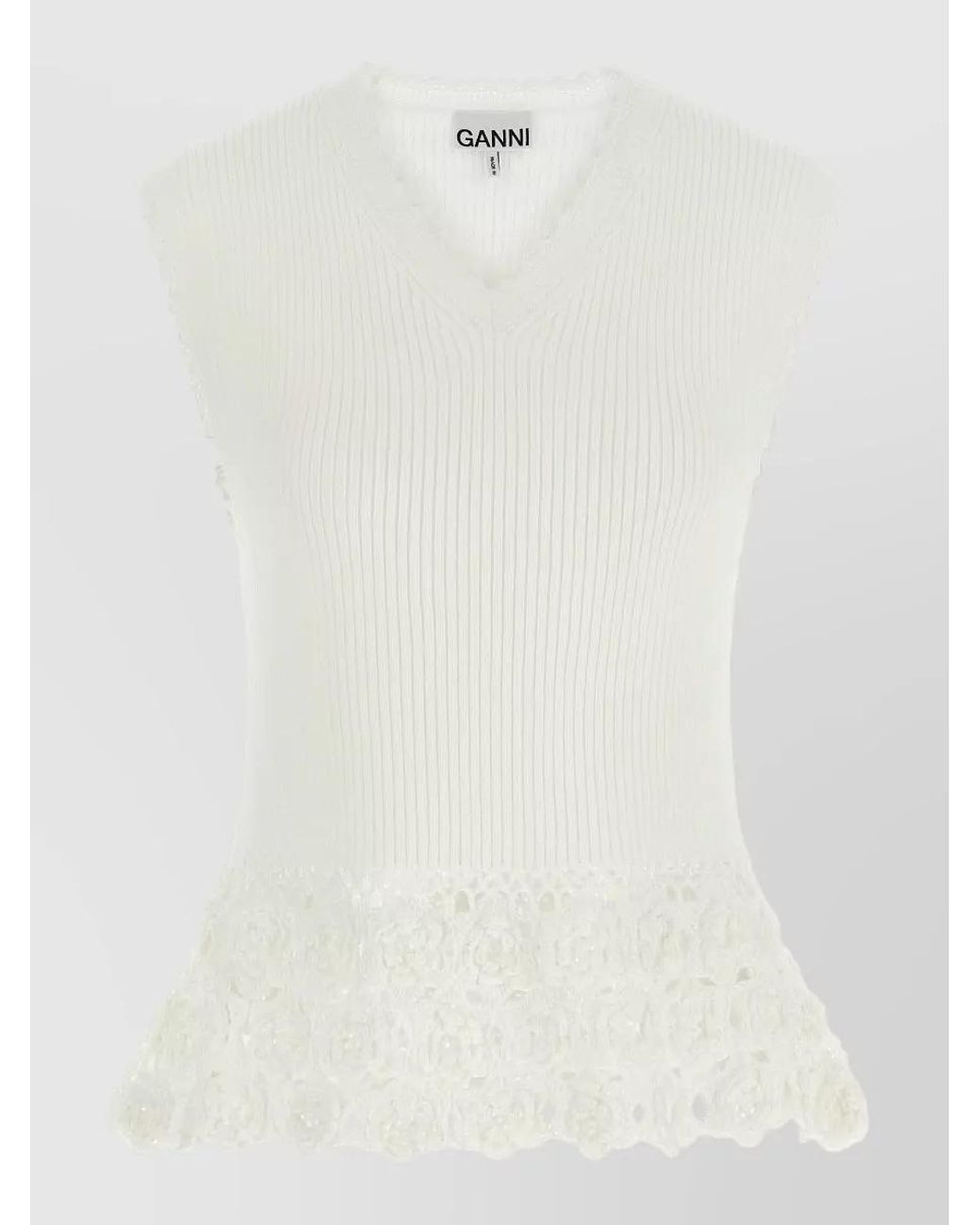 Ganni White Ribbed V-Neck Cotton Crochet Vest