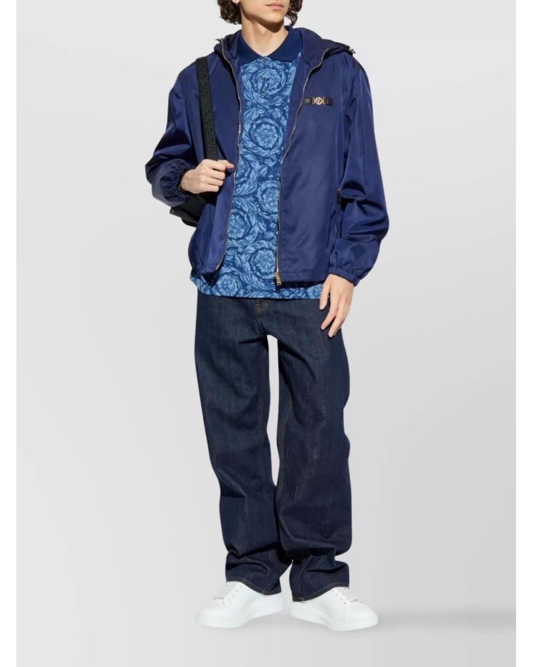 Versace Blue Logo Patch Hooded Jacket for men