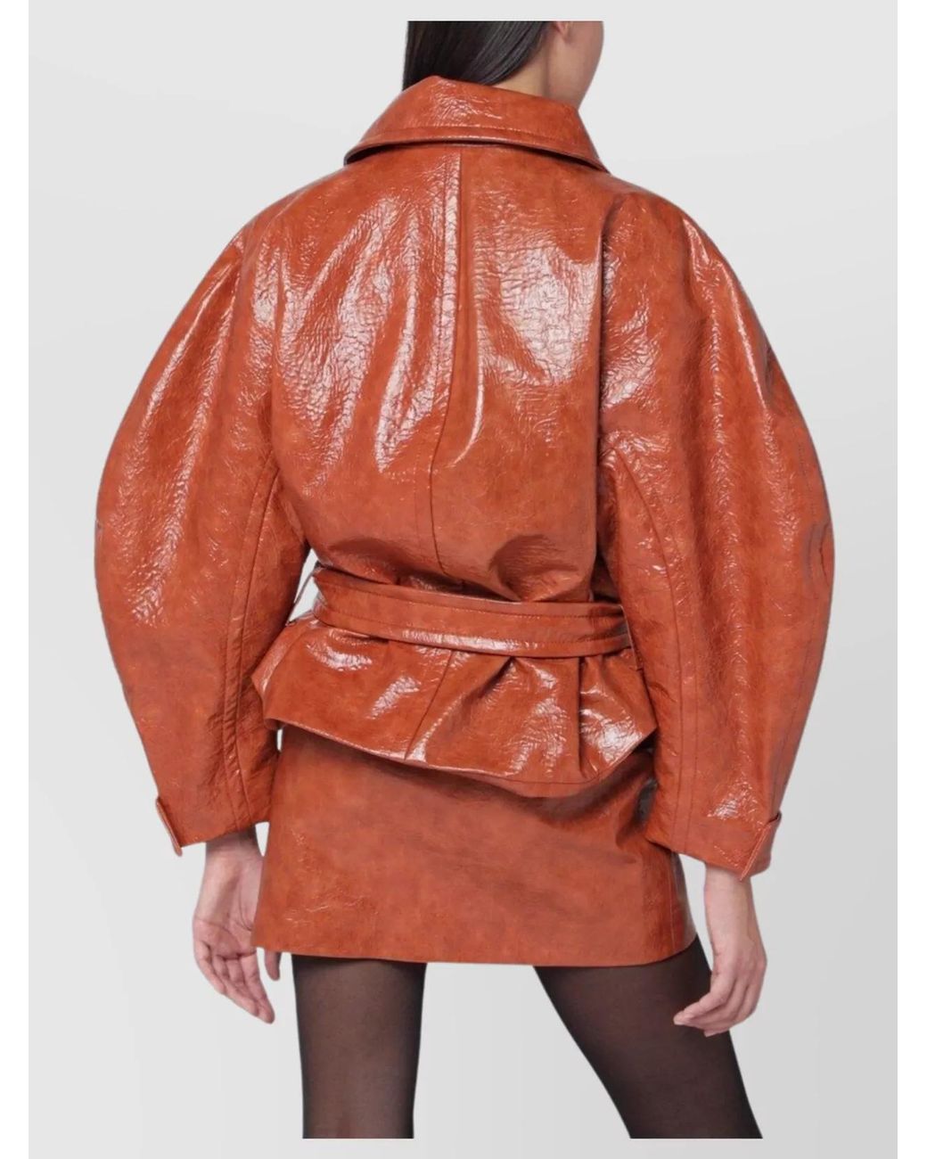 ANDAMANE Orange Leather-Effect Belted Double-Breasted Coat