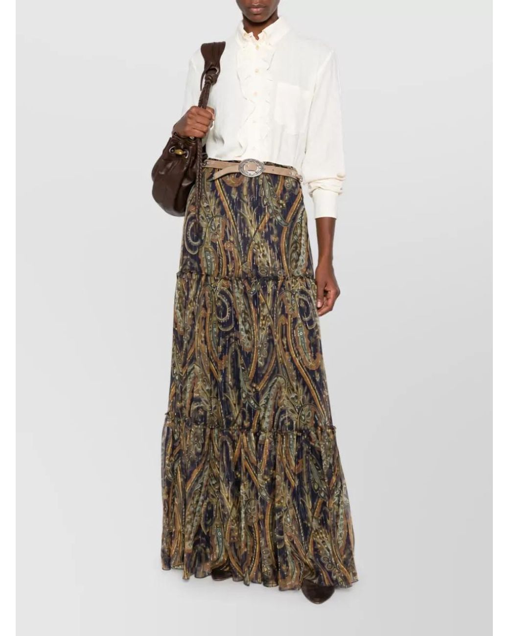 Etro Natural Silk Paisley-Print Metallic-Thread Tiered Gathered Maxi Skirt