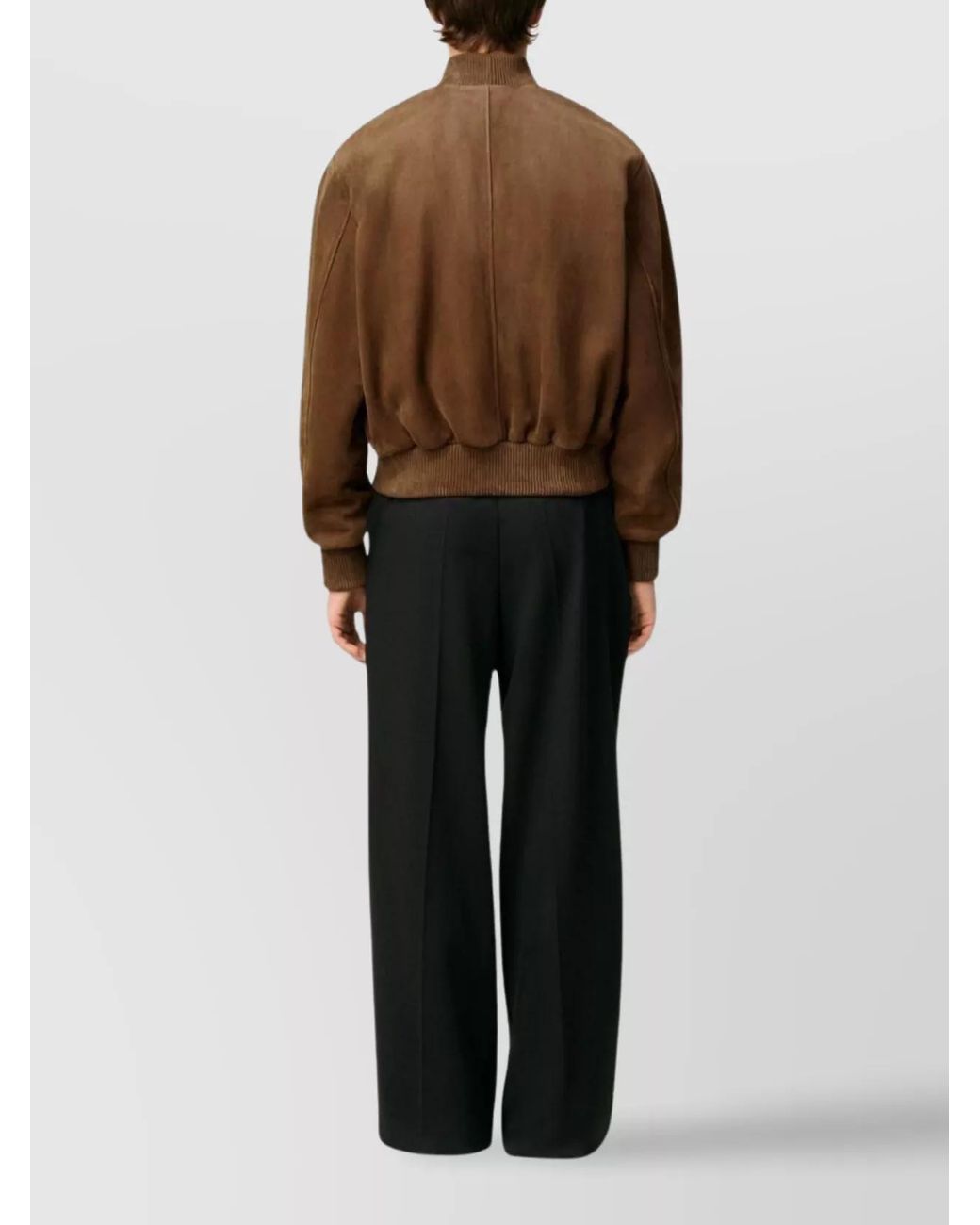 AMI Brown Leather Ribbed Bomber Jacket for men