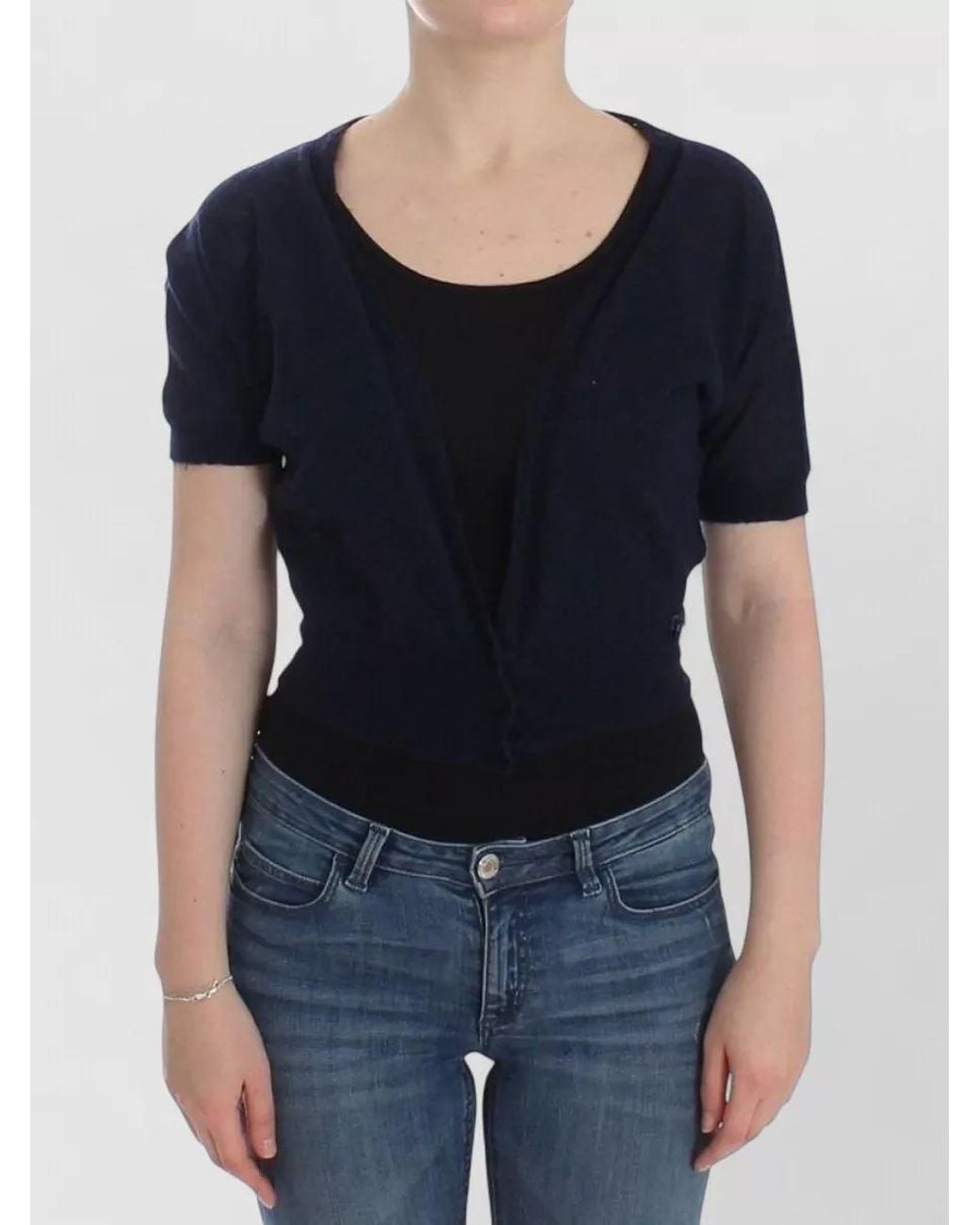 Ermanno Scervino Black Alpaca Wool Short-Sleeve V-Neck Cropped Cardigan