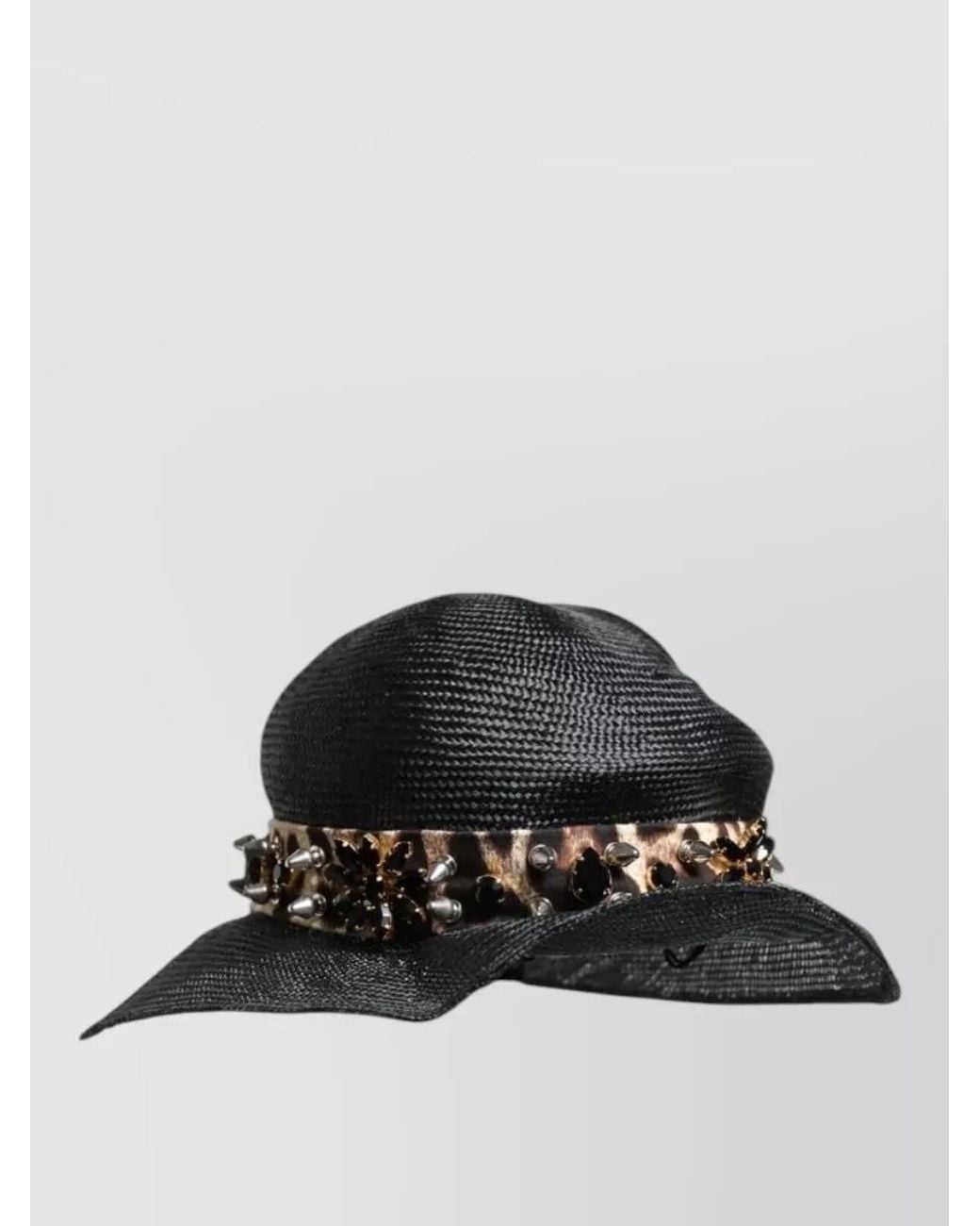 Dolce & Gabbana Black Crystal Embellished Wide Brim Straw Fedora Hat