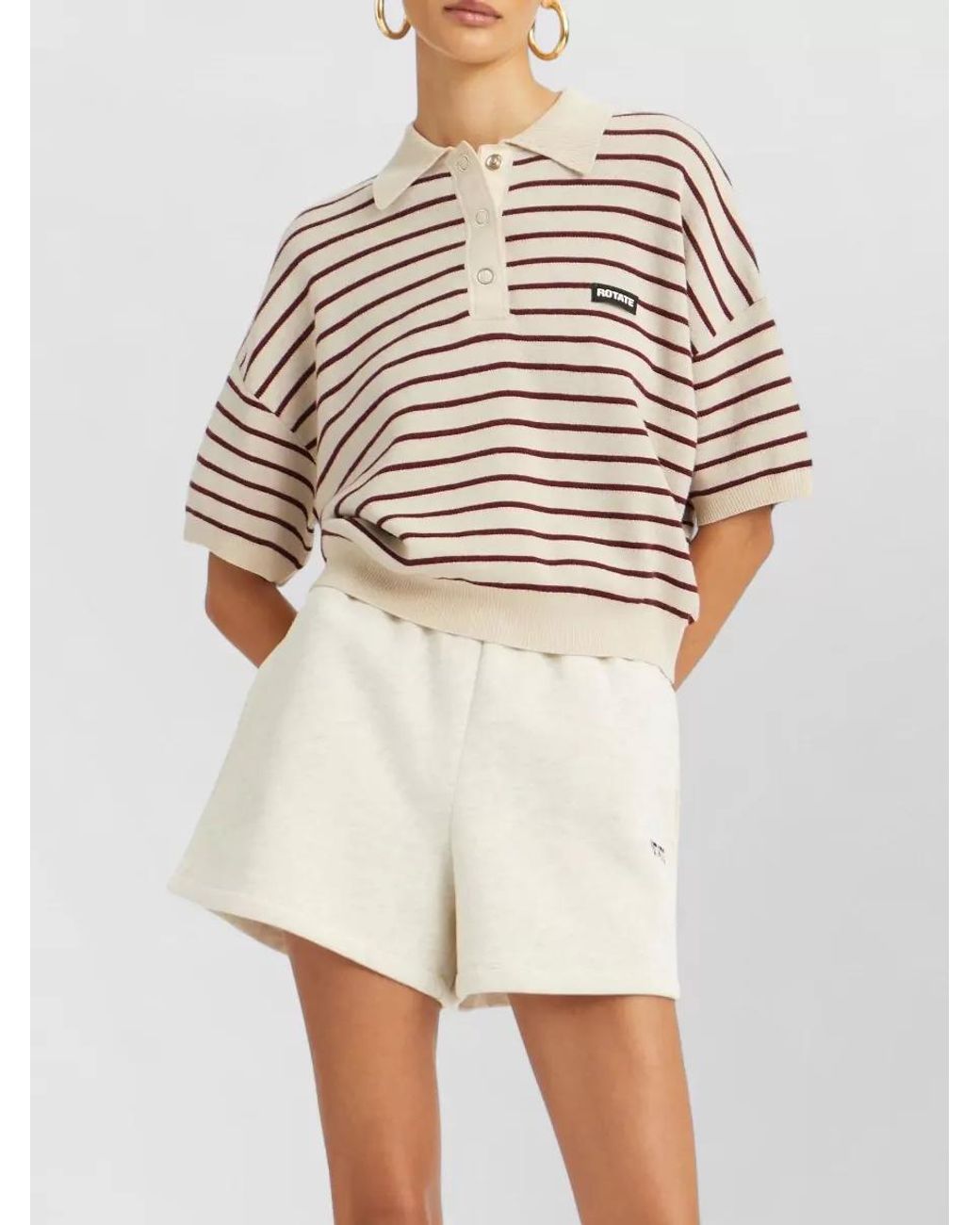 ROTATE BIRGER CHRISTENSEN Natural Striped Knit Polo Top