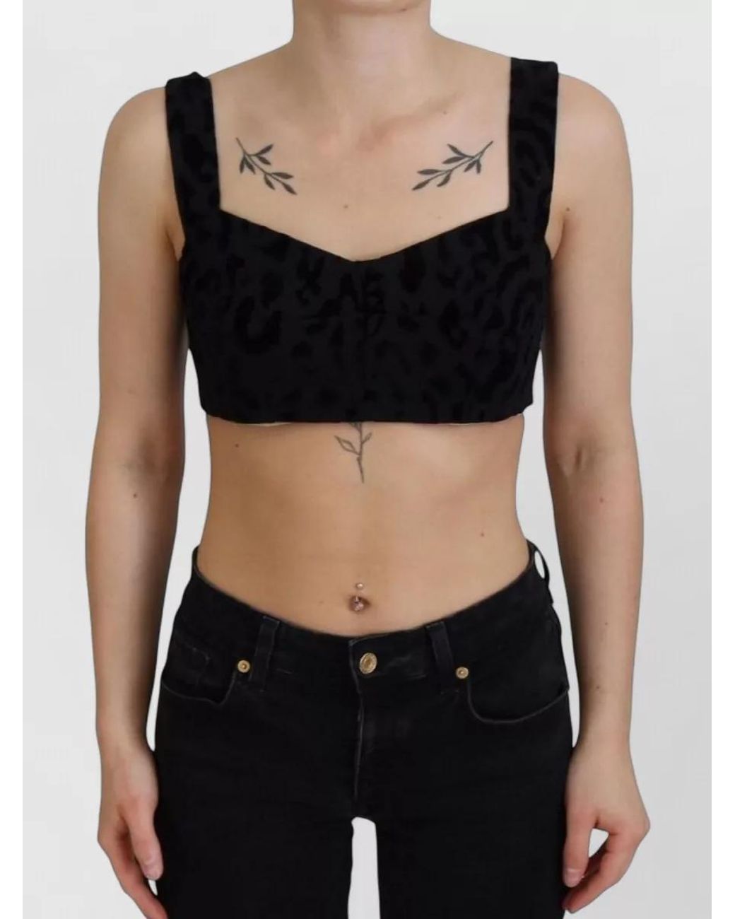 Dolce & Gabbana Black Leopard Velvet Cropped Bustier Top