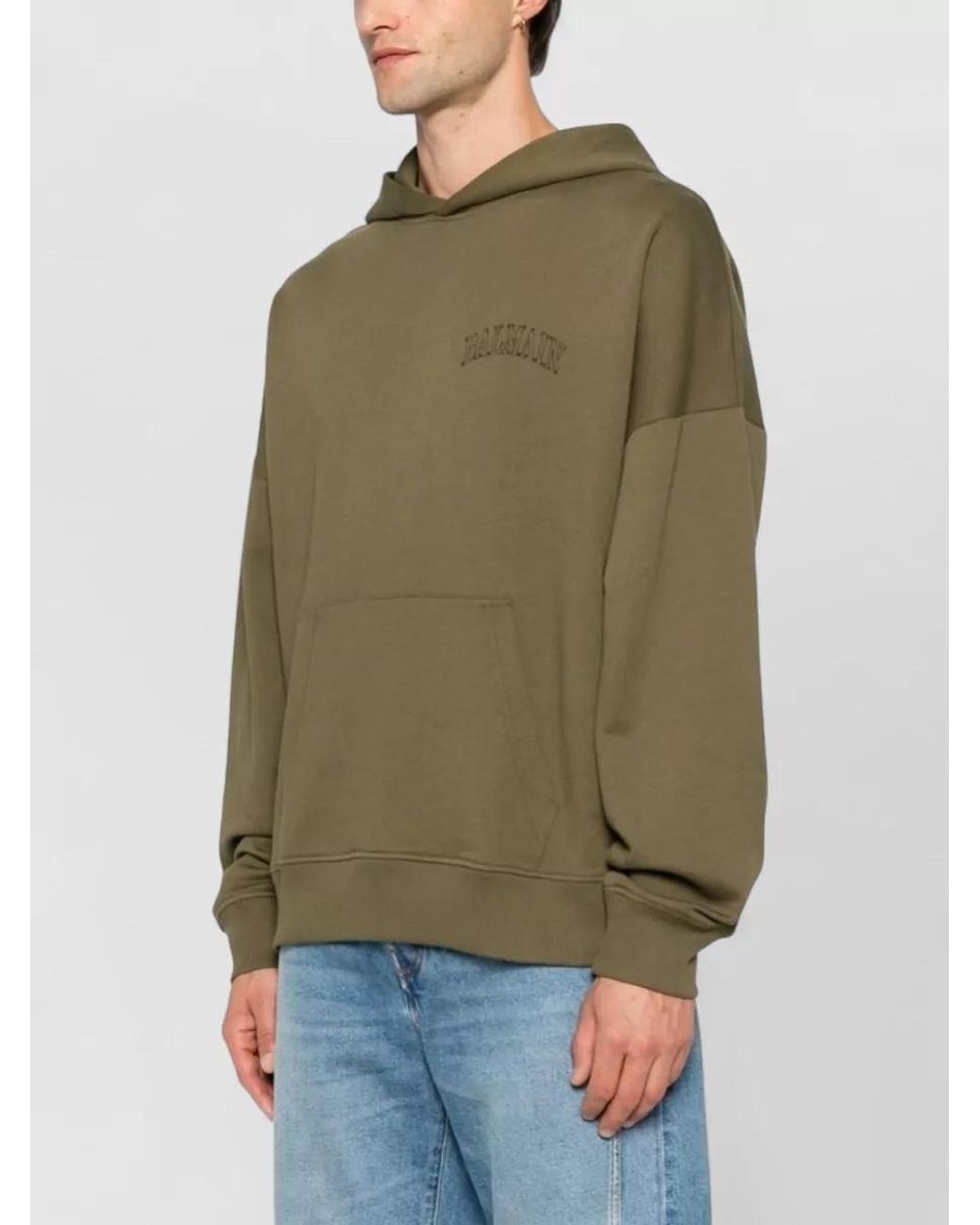 Balmain Green Cotton Hooded Logo Print Sweatshirt for men