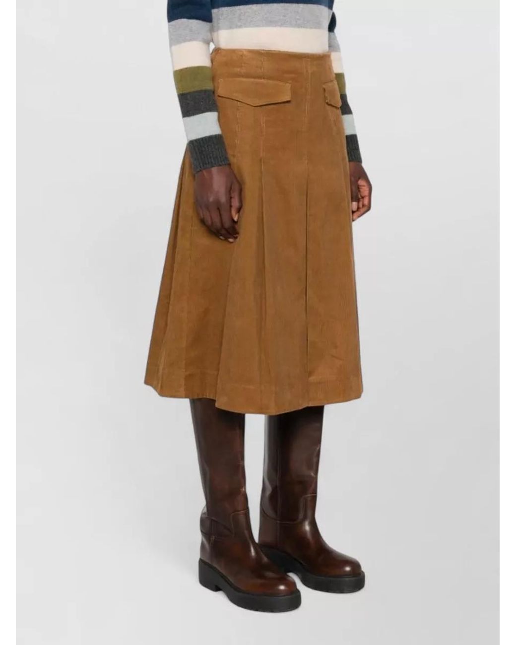Tory Burch Natural Cotton Corduroy Pleated A-Line Midi Skirt