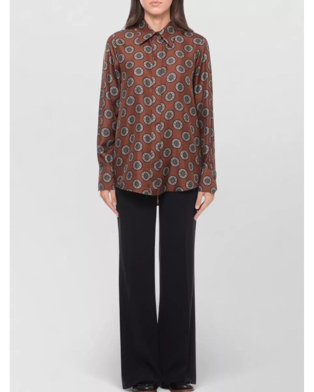 Alberto Biani Brown Printed Silk Long-Sleeve Shirt