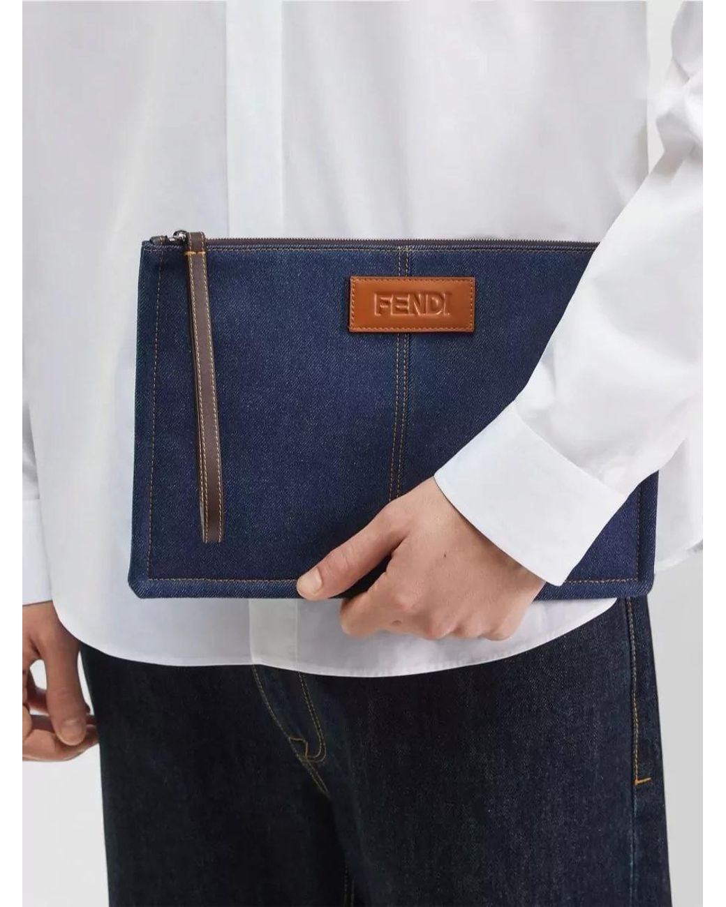 Fendi Blue Medium Flat Pouch Contrast Stitching Wrist Strap for men