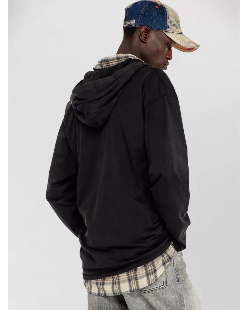 DIESEL Black Long Sleeve T-Shirt Shirt Check Hood for men