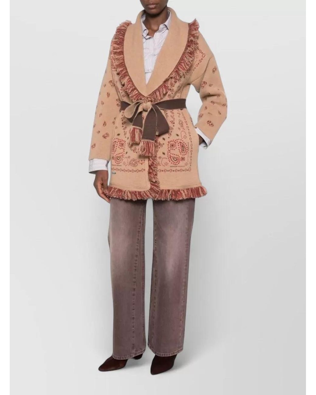 Alanui Brown Cashmere Jacquard Belted Cardigan