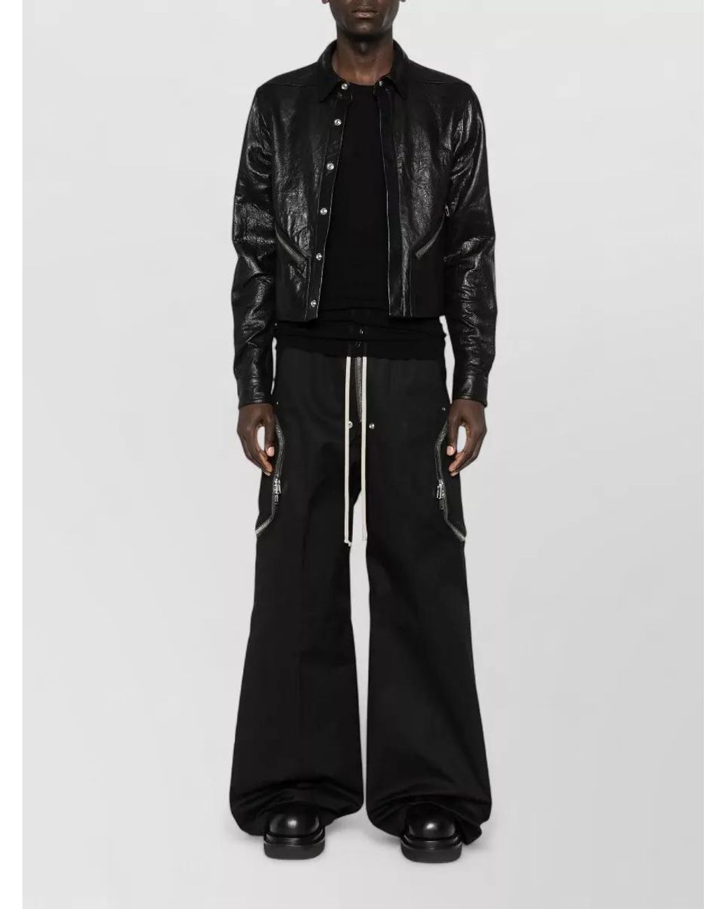 Rick Owens Black Leather Long-Sleeve Shirt Jacket for men
