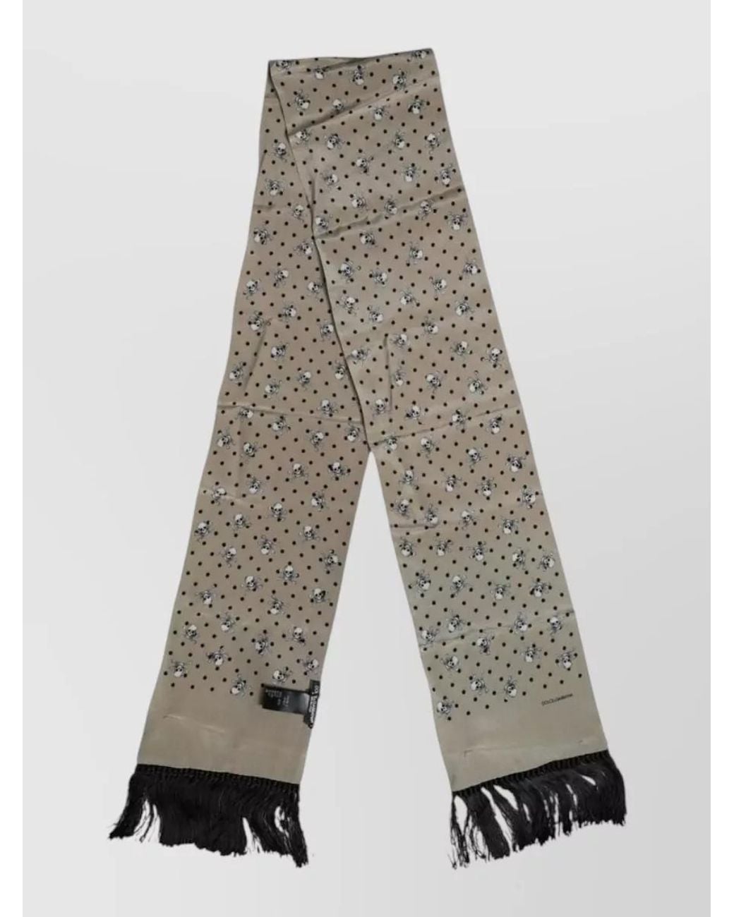 Dolce & Gabbana White Silk Skull Print Fringed Scarf for men