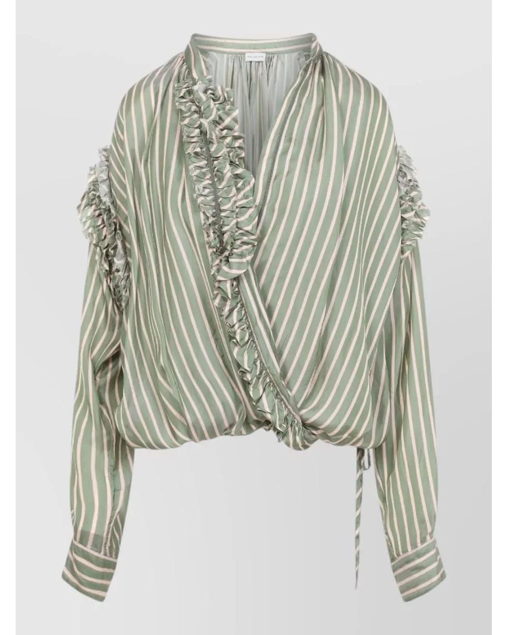 Dries Van Noten Multicolor Striped Ruffled Wrap V-Neck Long-Sleeve Blouse